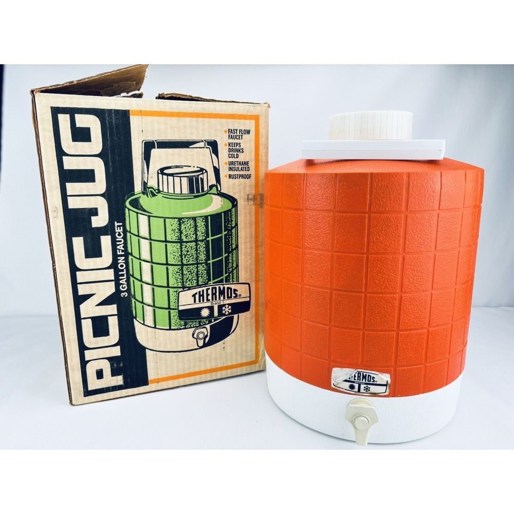 Vintage 1970s Thermos 3 Gallon Picnic Jug Orange Water Cooler Original Box Rare